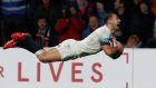  England’s Danny Care scoring a try against Australia. His arrival off the bench in the final 10 minutes ignited a devastating flurry of tries that sealed a record 30-6 victory. Photograph:  Matthew Childs/Reuters