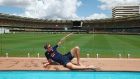 England Test player Jake Ball visits the Pooldeck at The Gabba in Brisbane, Australia. Photo: Chris Hyde/Getty Images