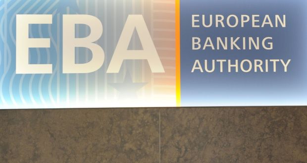 The European Banking Authority (EBA) logo seen at the EBA offices in London’s Canary Wharf financial district. Photograph: Alice Dore/AFP