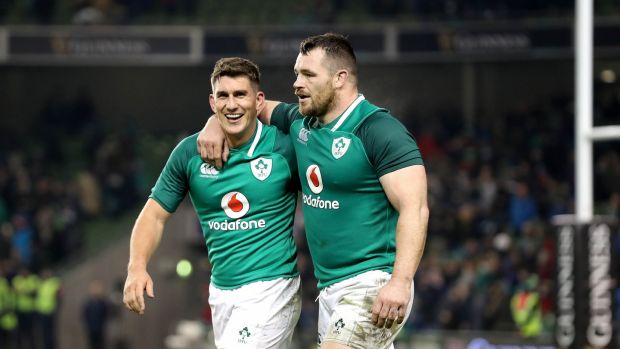 Keatley celebrates with Cian Healy after the win over Fiji. Photo: Ryan Byrne/Inpho