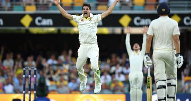  Australian bowler Pat Cummins reacts after dismissing England captain Joe Root LBW for 15 runs on day one of the first test match between Australia and England at the Gabba in Brisbane. Photograph: PA