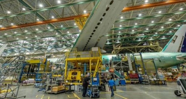 Construction of a Boeing 777x aircraft, which will be the biggest aircraft built by Boeing when it enters service over the next two years. Photograph: Getty Images