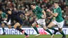 Ireland’s Johnny Sexton maks the break that led to Jacob Stockdale’s first try. Photograph: Billy Stickland/Inpho