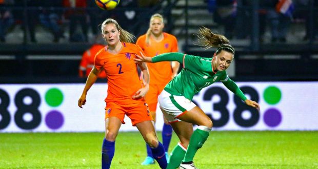 Netherlands’ Desiree van Lunteren and Katie McCabe of Ireland compete for the ball during their 2019 World Cup qualifier. Photo: Rob Koppers/Inpho