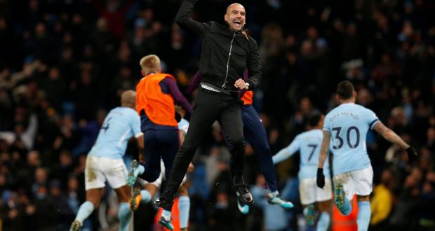 Manchester City manager Pep Guardiola celebrates after Raheem Sterling scored the winner late on in their victory over Southampton. Photo: Andrew Yates/Reuters
