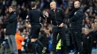 Manchester City manager Pep Guardiola (centre) is spoken to by referee Paul Tierney after his post-goal celebration during their win over Southampton. Photo: Martin Rickett/PA Wire