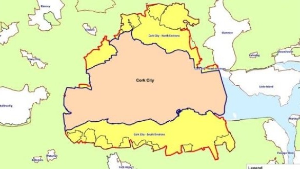 A map of the Cork City Council area with areas (in yellow) which Cork County Council proposed to transfer.