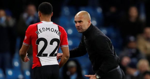 “I can’t control myself”: Pep Guardiola confronts Nathan Redmond after Manchester City’s 2-1 victory over Southampton. Photograph: Lee Smith/Action Images via Reuters