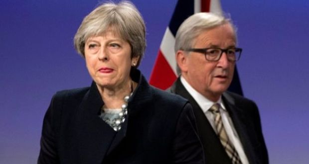 British prime minister Theresa May and European Commission president Jean-Claude Juncker prior to addressing a media conference at EU headquarters in Brussels. Photograph: Virginia Mayo/AP