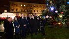   Ceann Comhairle Seán Ó Fearghail turns  on the Oireachtas Christmas tree lights at Leinster House. He was joined  by Cathaoirleach of the Seanad Denis O’Donovan, party leaders and other members of the Oireachtas with music and song provided by the Oireachtas choir and the Cavan Rugby Club male voice choir. Photograph: Dara Mac Dónaill  