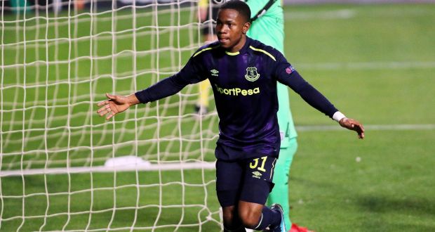 Ademola Lookman celebrates after scoring a goal for Everton in their Europa League match against Apollon Limassol at the GSP stadium in Nicosia. Photograph: EPA