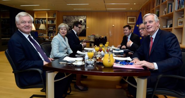  Britain’s secretary of state for Brexit  David Davis (left), Britain’s prime minister Theresa May (second left), European Commission president Jean-Claude Juncker (second right)and European Union’s chief Brexit negotiator Michel Barnier (right) meet at the European Commission in Brussels, on Friday morning. Photograph: EPA