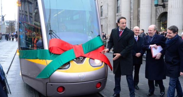 Straight down the line: the launch of the Luas Green line extension on O’Connell Street with Taoiseach Leo Varadkar,  Minister for Transport Shane Ross and Minister for Finance Paschal Donohoe. Photograph: Cyril Byrne 