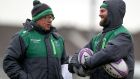 Connacht head coach Kieran Keane with backs coach Nigel Carolan at squad training in the Sportsground, Galway. “The most important thing for Connacht is consistency,” said Carolan. Photograph: Oisin Keniry/Inpho