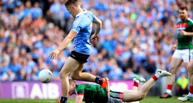 Con O’Callaghan scores an early goal for Dublin in the All-Ireland final victory over Mayo at Croke Park.  Photograph: Ryan Byrne/Inpho