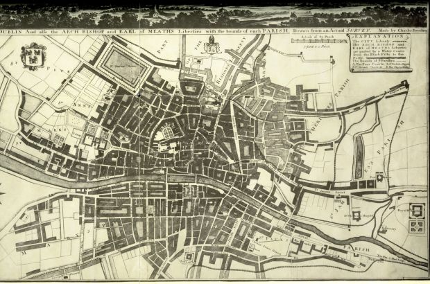 Charles Brookings’ 1728 map of Dublin, with an unusual perspective looking from north to south. Nevertheless, it depicts an early version of what remains a recognisable streetscape in the 21st century