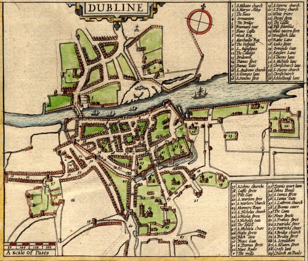 The earliest map of Dublin: a hand-coloured version of John Speed’s representation of the city, 1612. All images: Dublin City Library and Archive)