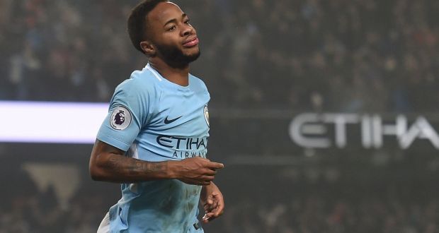 Manchester City forward Raheem Sterling celebrates after scoring a goal during his side’s victory against Tottenham Hotspur Etihad Stadium. The player was allegedly attacked before the game. Photograph: Paul Ellis/AFP/Getty Images