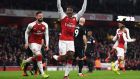 Danny Welbeck of Arsenal celebrates as he scores their first goal in the Carabao Cup win over West Ham. Photo: Shaun Botterill/Getty Images