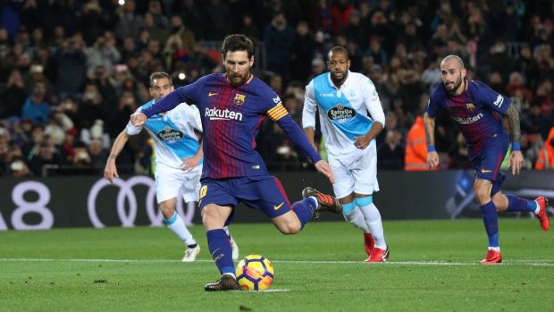 Barcelona’s Lionel Messi misses a penalty in the La Liga game against Deportivo de La Coruna at the Nou Camp. Photograph: Albert Gea/Reuters