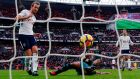 Tottenham Hotspur’s English striker Harry Kane scores against Southampton at Wembley. Photograph: Getty Images