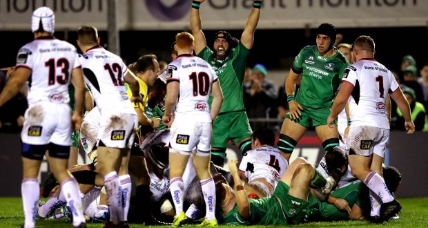 Connacht’s John Muldoon celebrates as Eoghan Masterson scores a try against Ulster in the Guinness Pro14 clash at the Sportsground, Galway, last Saturday.  Photograph: Ryan Byrne/Inpho