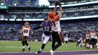  Cincinnati Bengals  tightend Tyler Kroft  catches a touchdown in the first quarter against Kamalei Correa  of the Baltimore Ravens at M&T Bank Stadium. Photograph: Patrick Smith/Getty Images