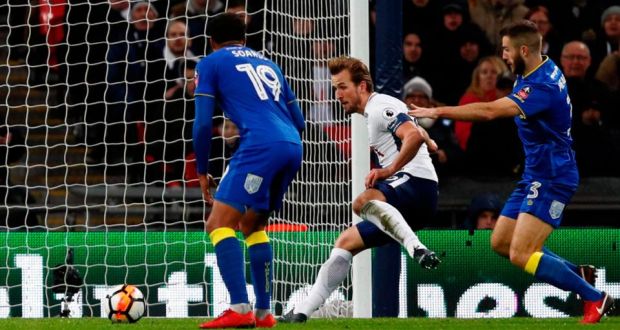 Tottenham Hotspur’s Harry Kane scores their second goal during their FA Cup win over AFC Wimbledon. Photo: Adrian Dennis/Getty Images