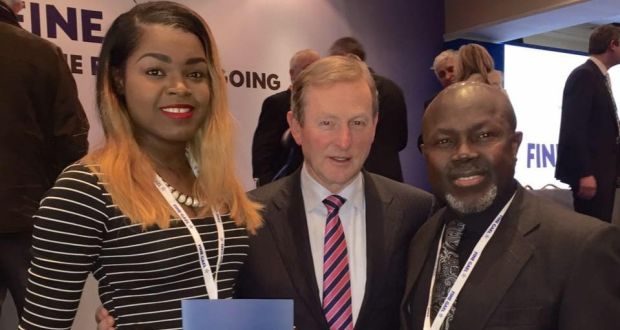 Michaella Itaire and her father Michael pictured with former taoiseach Enda Kenny. The pair say they were refused entry onto their flight from Ghana back to Europe due to luggage issues.