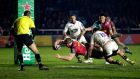  James Chisholm of Harlequins scores the winning try against Wasps at the Stoop. Photograph:  Henry Browne/Getty Images