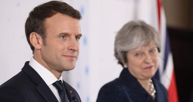 French president Emmanuel Macron and Britain’s prime minister Theresa May hold a press conference at the Royal Military Academy in Sandhurst, west of London,  on Thursday. Photograph: Ludovic Marin/AFP/Getty Images