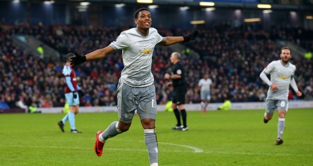 Anthony Martial celebrates scoring Manchester United’s winner at Burnley. Photograph: Alex Livesey/Getty