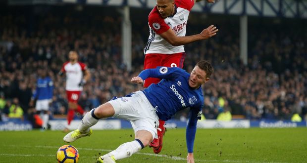 James McCarthy suffered a double leg fracture in this challenge from West Brom’s  Salomon Rondon. Photograph: Andrew Yates/Reuters