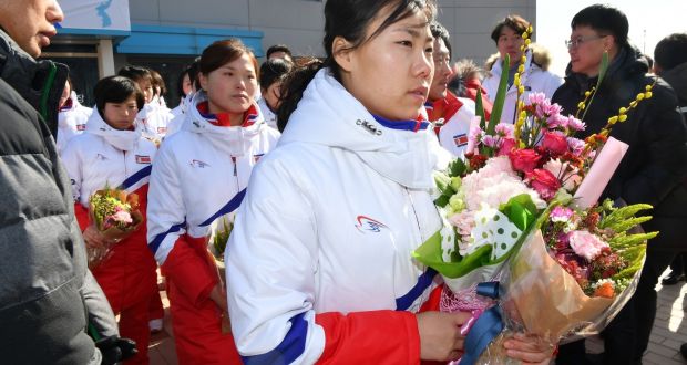 Members of the North Korean women’s ice hockey team arrive at South Korea’s national training centre in Jincheon on Thursday. They will be part of a unified Korean squad. Photograph: Song Kyung-Seok/AFP/Getty Images