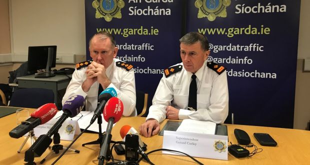 Chief Supt Christy Mangan (left) and Supt Gerry Curley making an appeal at Dundalk Garda station on the fifth anniversary of the murder of Det Garda Adrian Donohoe. Photograph: Deborah McAleese/PA Wire