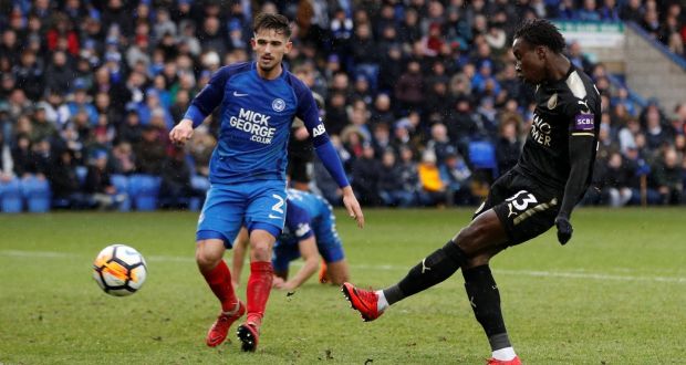 Leicester City’s Fousseni Diabate scores their fourth goal during the  FA Cup fourth round  match against  Peterborough United at London Road. Photograph: Darren Staples/Reuters