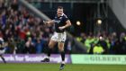 Scotland’s Stuart Hogg celebrates at the final whistle of last year’s Six Nations win over Ireland at Murrayfield. Photograph: Billy Stickland/Inpho