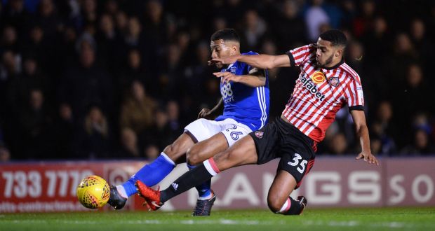  David Davis scores Birmingham City’s  first goal during the  Championship match against Sunderland at St Andrew’s. Photograph:   Nathan Stirk/Getty Images