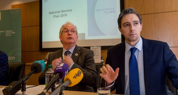 Tony O’Brien, director general of the HSE, with Minister for Health Simon Harris at the announcement of the HSE National Service Plan 2018 in December. Photograph: Brenda Fitzsimons