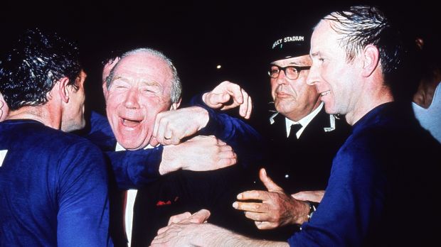 Matt Busby and Bobby Charlton in the wake of Manchester United’s 1968 European Cup final win over Benfica. Photograph: Getty/Stringer