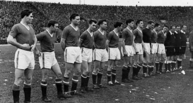Manchester United line up before their 1958 European Cup quarter-final second leg against Red Star Belgrade. Photograph: Inpho/Getty