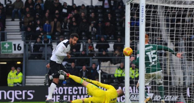 Tom Huddlestone scores  Derby County’s  first goal  during the Sky Bet Championship match against  Brentford at iPro Stadium. Photograph: Nathan Stirk/Getty Images