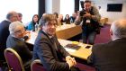 Ousted Catalan leader Carles Puigdemont attends a meeting in Brussels on Monday with representatives of pro-independence parties. Photograph: Virginia Mayo/AP