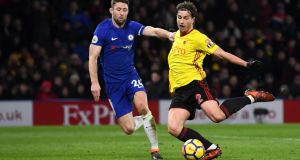 Daryl Janmaat scores  Watford’s second goal during the Premier League match against Chelsea at Vicarage Road. Photograph: Michael Regan/Getty Images