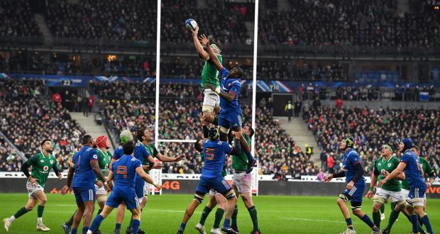  Peter O’Mahony  makes one of his six catches from a  lineout ahead of France’s Yacouba Camara during the Six Nations  match  at the Stade de France in Paris. Photograph:  Brendan Moran/Sportsfile via Getty Images