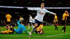 Tottenham Hotspur’s Erik Lamela  celebrates after scoring their second goal during the English FA Cup fourth-round replay against Newport County at Wembley Stadium. Photograph:  Ian Kington/AFP 