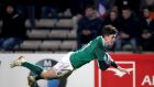 Winger James McCarthy scores a try against France during last week’s Under-20 Six Nations Championship game at   Chaban-Delmas, Bordeaux. Photograph: Bryan Keane/Inpho