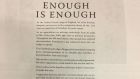 The advert placed in some UK national newspapers today, saying “Enough is Enough”