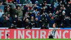 Newcastle United’s Matt Ritchie celebrates with the crowd after scoring the opening goal of their win over Manchester United. Photo: Lindsey Parnaby/Getty Images