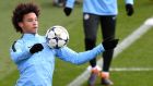 Manchester City’s Leroy Sané takes part in a training session in Manchester on the eve of their Champions League match against Basel. Photograph: Paul Ellis/AFP/Getty Images